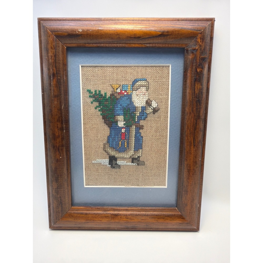 Framed Cross Stitch Santa Claus Blue Robe Burlap Folk Art Christmas Decor